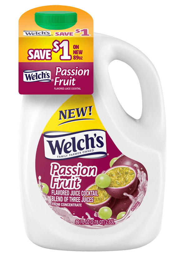 A bottle of Welch's Passion Fruit Juice, with the associated on package advertising displayed.