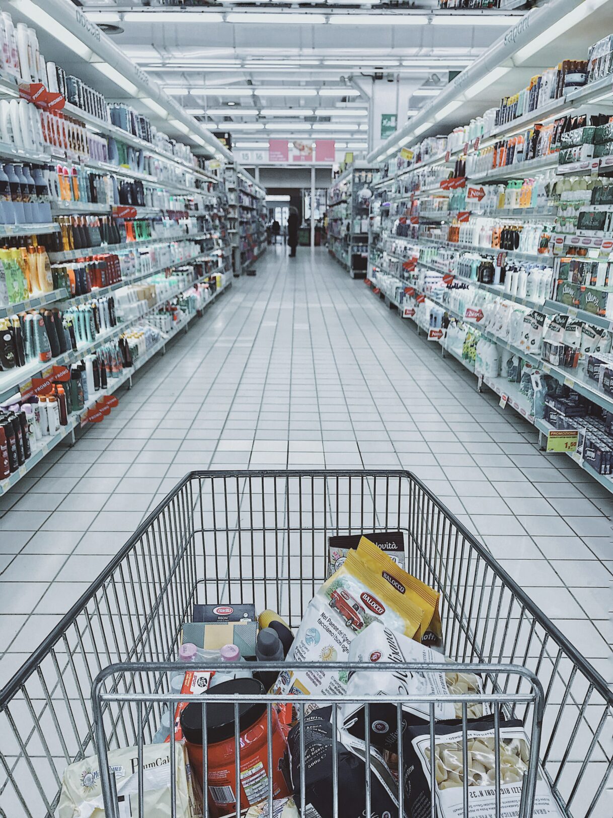 A cart shopping down a store aisle